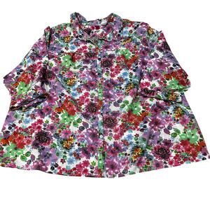 Roamans Button Up Top Women Plus 32W Pink Purple Green Blue Floral Cotton Blend